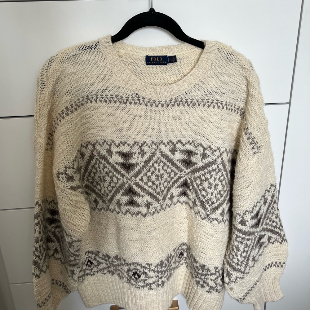 Polo Ralph Lauren Sweater Fair Isle Nordic Wool Alpaca Blend Ivory Black Mock